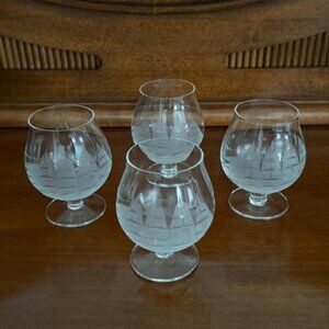 Set of 4 Brandy Cognac Snifter Glasses Clipper Ship Etched Design